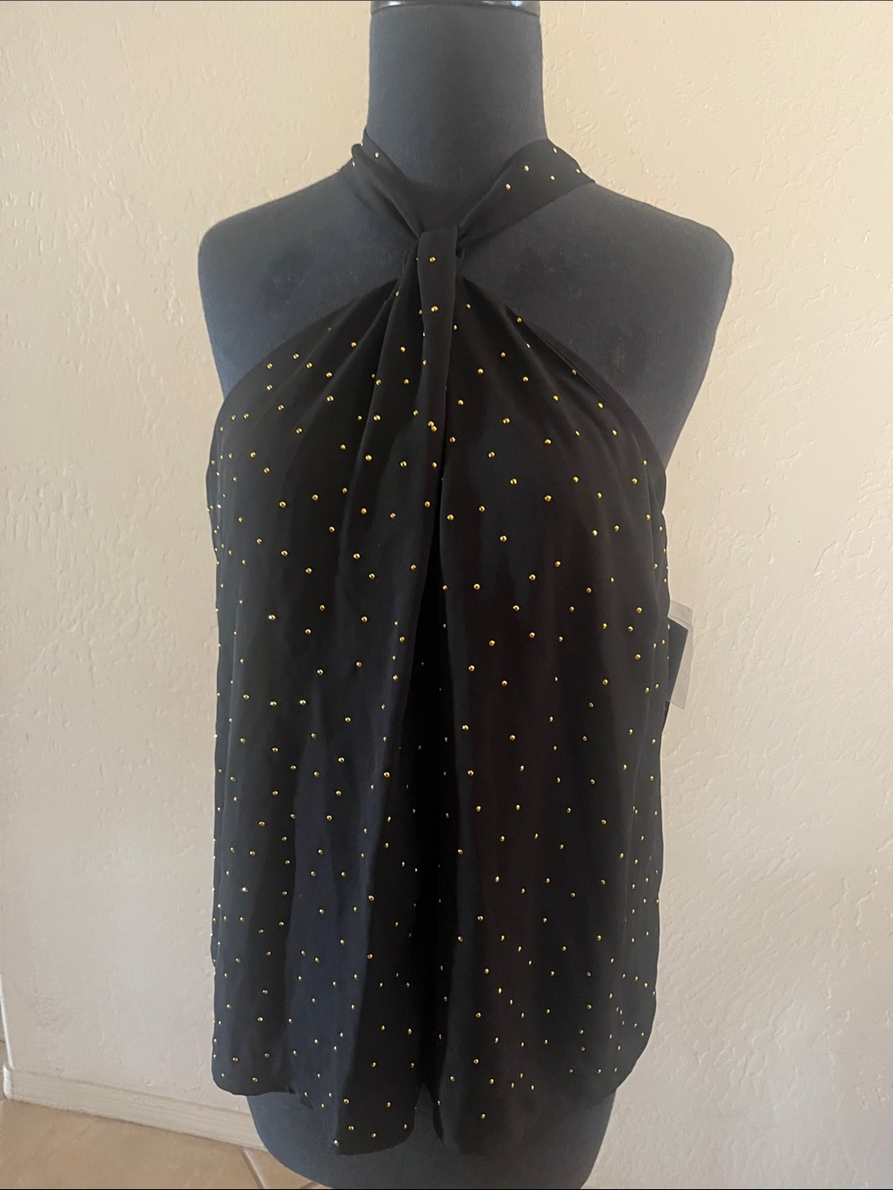 INC International Concepts Black Halter Top with Gold Studs